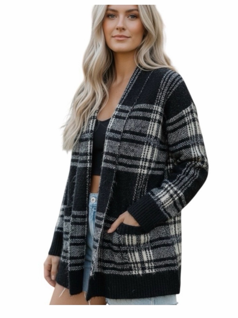 Cyrus Black and Tan Plaid Open-Front Cardigan
